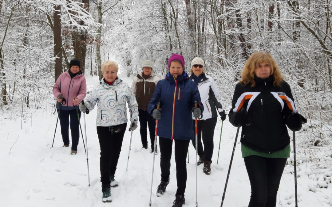 Grupa WKU na zimowym spacerze z kijkami w bajkowej scenerii