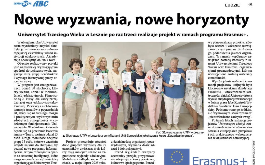 Gazeta ABC i portal Leszno24.pl o realizacji projektów Erasmus+ przez nasz UTW